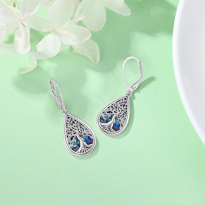 Tree of life Dangle Earrings Sterling Silver Moonstone/Turquoise/Malachite Earrings for Women Filigree Leverback Earrings Jewelry Gifts