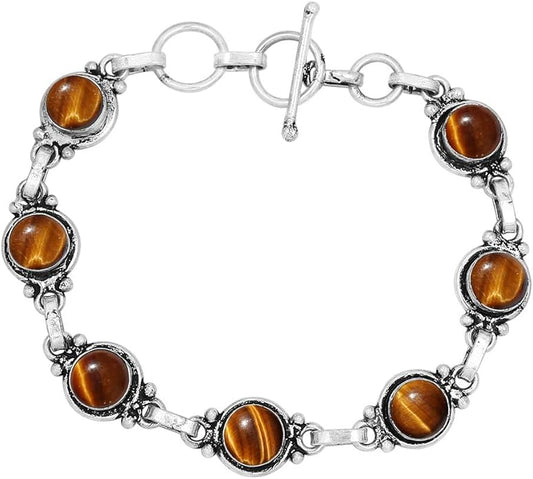 Round Shape Natural & Synthetic Gemstones Silver Plated Bracelets for Women - Vintage Bohemian Style Handmade Birthstone Adjustable Link Bracelet Jewelry Gifts for Wedding Anniversary Mother's Day