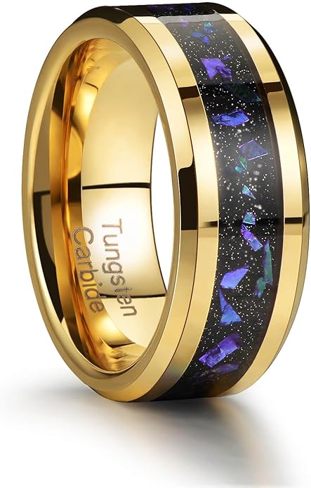 Men's 8mm Black/Gold Tungsten Carbide Wedding Ring Nebula Galaxy Wedding Promise Gold Foil Inlay Real Meteorite Matte Bevel Comfort Fit