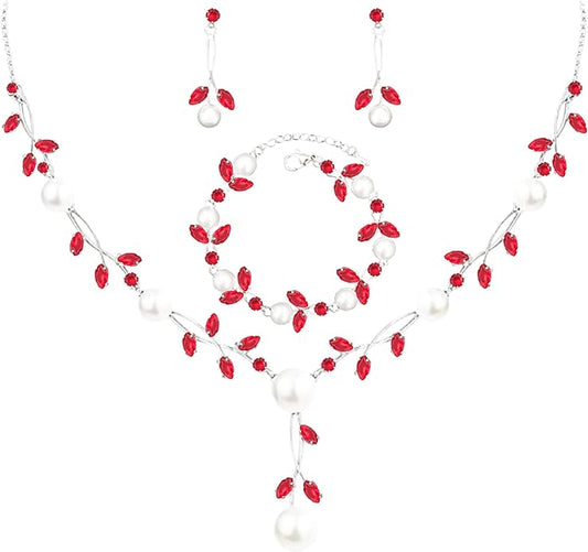 Luxury Cubic Zirconia Aurtrian Crystal Pearl Floral Necklace Dangle Earrings Wedding Bridal Jewelry Set Birthday Gifts for Her