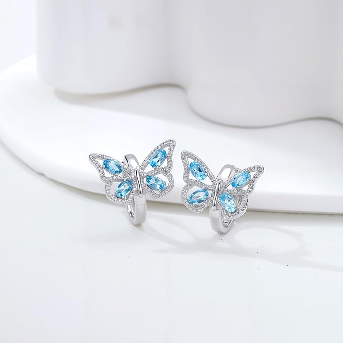 Natural Swiss Blue Topaz Butterfly Earrings 925 Sterling Silver Real Gemstone Birthstone Drop Earrings for Women Jewelry Gifts for Birthday