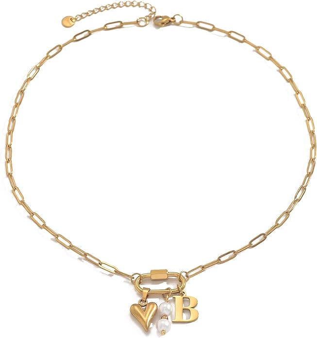 Gold Heart Initial Necklaces for Women 18K Gold Plated Dainty Pearl Letter Necklace Personalized Monogram Name A-Z Pendant Everyday Jewelry for Women