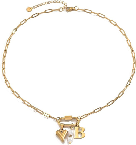 Gold Heart Initial Necklaces for Women 18K Gold Plated Dainty Pearl Letter Necklace Personalized Monogram Name A-Z Pendant Everyday Jewelry for Women