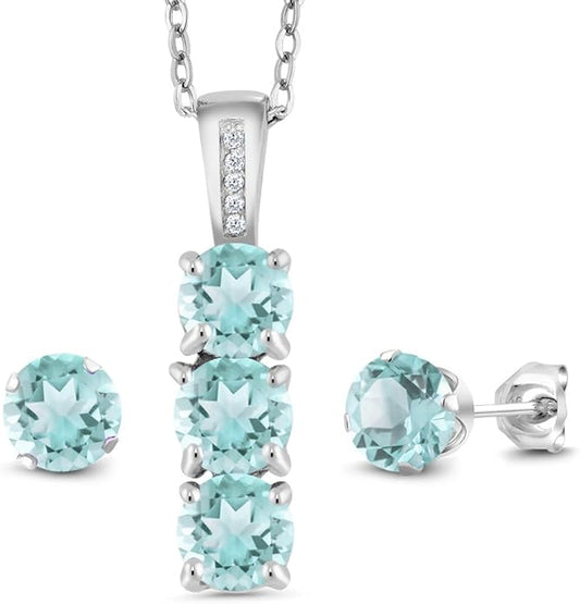 Gem Stone King 925 Sterling Silver 5MM Gemstone Birthstone and White Diamond 3-Stone Pendant and Earrings Jewelry Set For Women | With 18 Inch Chain