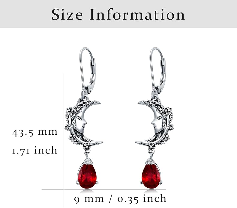 925 Sterling Silver Vintage Retro Oxidized Moon Crescent Dangle Drop Leverback Earrings with 12 Months Birthstone Jewelry Gifts for Women Her