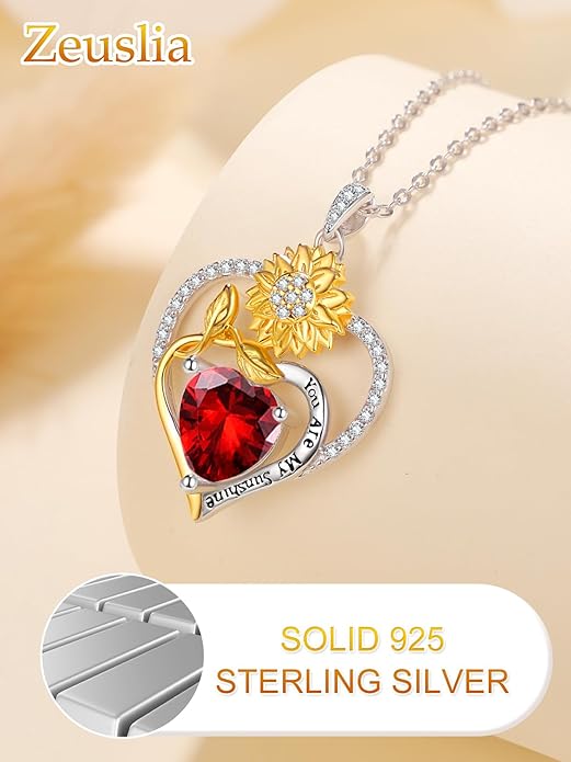 Zeuslia Double Birthstone Necklace Gifts for Wife - 925 Sterling Silver Sunflower/Rose/Crown Cross/Compass/Heart Pendant I Love You Necklace, Anniversary Birthday Gifts for Wife Girlfriend Mom Her