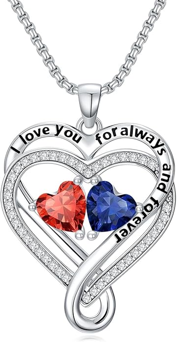 I Love You for Awlays and Forever Double Heart Necklace with Birthstone, 2 Birth Stone Jewelry Anniversary Valentines Mothers Day Christmas Birthday Gifts for Women Her Wife Girlfriend Mom Mother