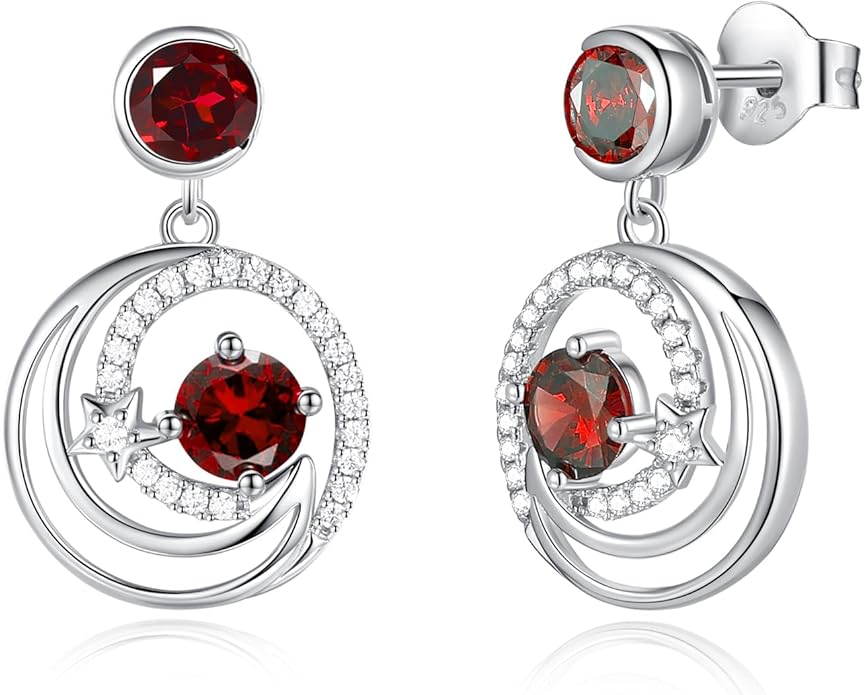 FANCIME Dangle Drop Earrings 925 Sterling Silver Moon Star Round Gemstone Birthstone Jewelry Birthday Christmas Gifts for Her Women