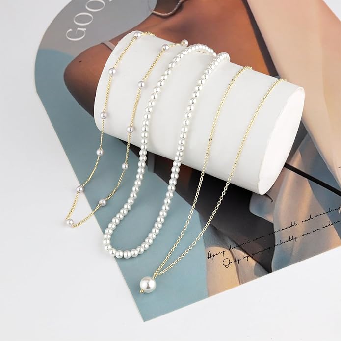 DIBOLA Gold Jewelry Set for Women, Dainty Layered 14K Gold/Silver Pearl Choker Necklaces and Earring Set Pearl Earrings Bracelets Wedding Bride Jewelry