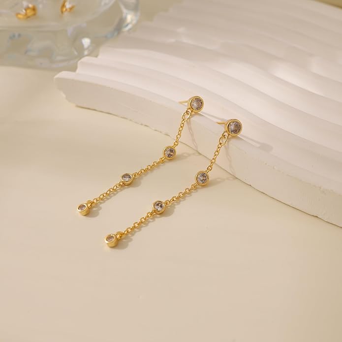 Gold Earrings for Women,Dainty 14k Gold Plated Pearl Drop Earring Dangle Pearl Dangling Earrings for Women Trendy Small Cute Wedding CZ Earring Long Chain Threader Prom Jewelry Gifts