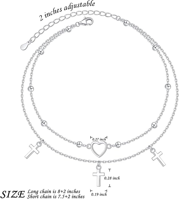 Anklet for Women S925 Sterling Silver Adjustable Foot Evil Eye Starfish Heart Bead Butterfly Celtic Knot Cross Multilayer Layered Ankle Bracelet Jewelry