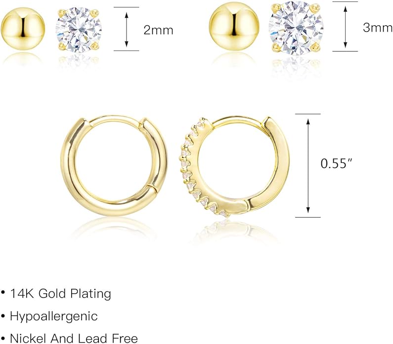 Stud Earrings for Women Hypoallergenic Sterling Silver Post Hoop and Studs Earrings Set for Multiple Piercing Small Ball Cubic Zirconia Earring Studs for Women Trendy Jewelry Gifts（6 Pairs）