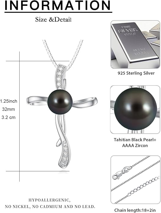 KANNSOAR Tahitian Black Pearl 18K White Gold Plated Sterling Silver Pendant Necklace for Wedding Birthday Anniversary Valentines Day Christmas Pearl Jewelry Gift for Women Wife Mom Lover Girlfriend