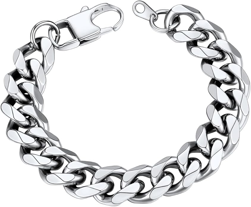 U7 Link Bracelets for Men, Cuban Link/Rope/Watch Band Solid Bracelet, Silver Black Gold Color Wrist Bracelet 3/6/9/12/15mm Width, 6.5/7.5/8.3 Inch Length, Hand Chain Jewelry for Mens Women