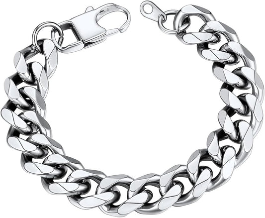 U7 Link Bracelets for Men, Cuban Link/Rope/Watch Band Solid Bracelet, Silver Black Gold Color Wrist Bracelet 3/6/9/12/15mm Width, 6.5/7.5/8.3 Inch Length, Hand Chain Jewelry for Mens Women