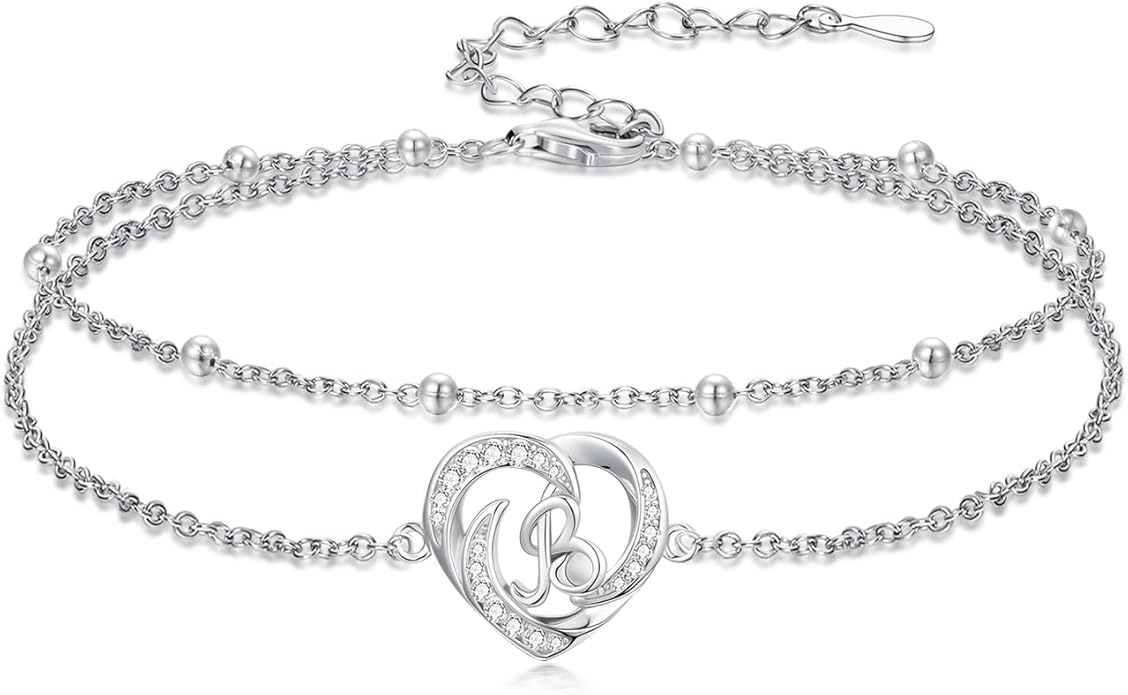 Dorunmo Initial Anklet 925 Sterling Silver Letter A-Z Layered Heart Anklet Beach Jewelry Birthday Gifts for Women