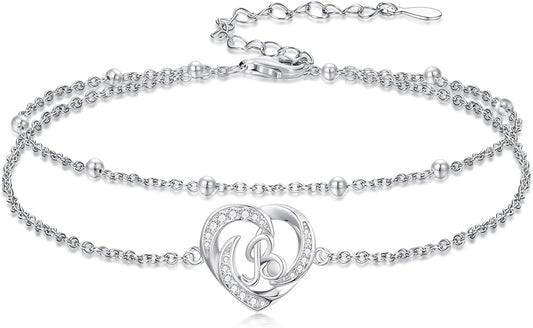 Dorunmo Initial Anklet 925 Sterling Silver Letter A-Z Layered Heart Anklet Beach Jewelry Birthday Gifts for Women