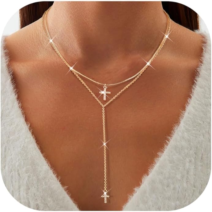 Dochais Dainty Gold Layered Necklace for Women, 14K Gold Plated Y Necklace & Chain, Dainty Lariat Long Necklaces, Trendy Cubic Zirconia Choker, Sun, Heart, Pearl & Cross Pendant Necklace, Jewelry Gift