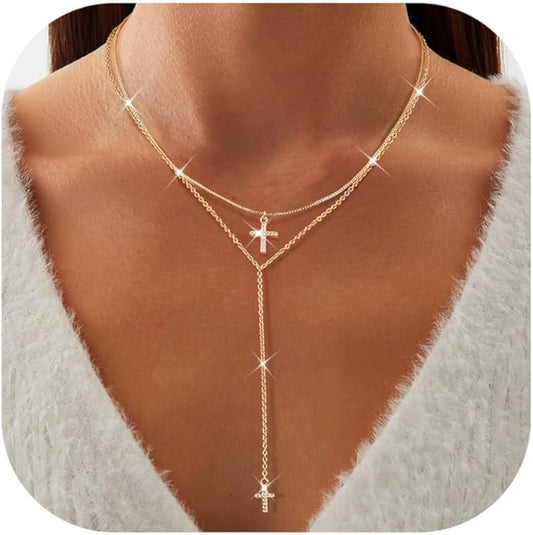 Dochais Dainty Gold Layered Necklace for Women, 14K Gold Plated Y Necklace & Chain, Dainty Lariat Long Necklaces, Trendy Cubic Zirconia Choker, Sun, Heart, Pearl & Cross Pendant Necklace, Jewelry Gift