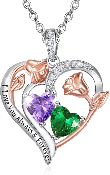 Zeuslia Double Birthstone Necklace Gifts for Wife - 925 Sterling Silver Sunflower/Rose/Crown Cross/Compass/Heart Pendant I Love You Necklace, Anniversary Birthday Gifts for Wife Girlfriend Mom Her