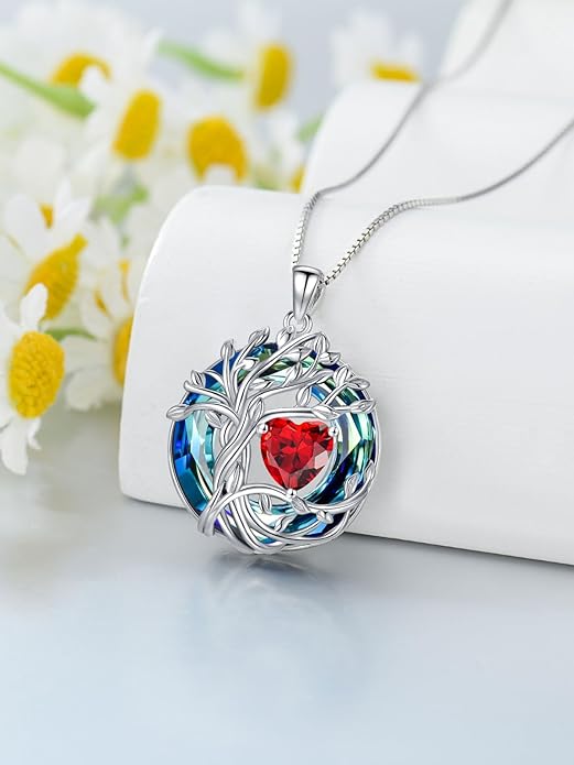 TOUPOP Tree of Life Birthstone Necklace 925 Sterling Silver Pendant Austrian Crystal Jewelry Anniversary Birthday Christmas Gifts for Women Mom Her Wife