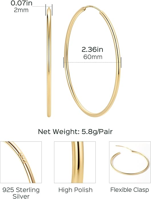 ChicSilver Hypoallergenic 925 Sterling Silver Hoop Earrings for Women, Lightweight Large Gold Plated Hoop Earrings, Endless Hoops Earring 20/30/40/50/60/70MM