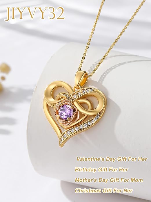 Infinite Heart Birthstone Necklaces for Women Gold Plated Pendant Wedding Anniversary Birthday Gift for Wife Her Mom Grandma Daughter Jewelry with Round Birthstone
