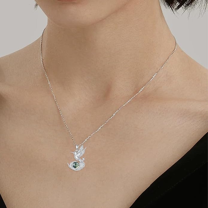 Hummingbird Necklace 925 Sterling Silver Dainty Natural Moss Agate Hummingbird Pendant Necklace Animal Jewelry Humming Bird Gifts for Women