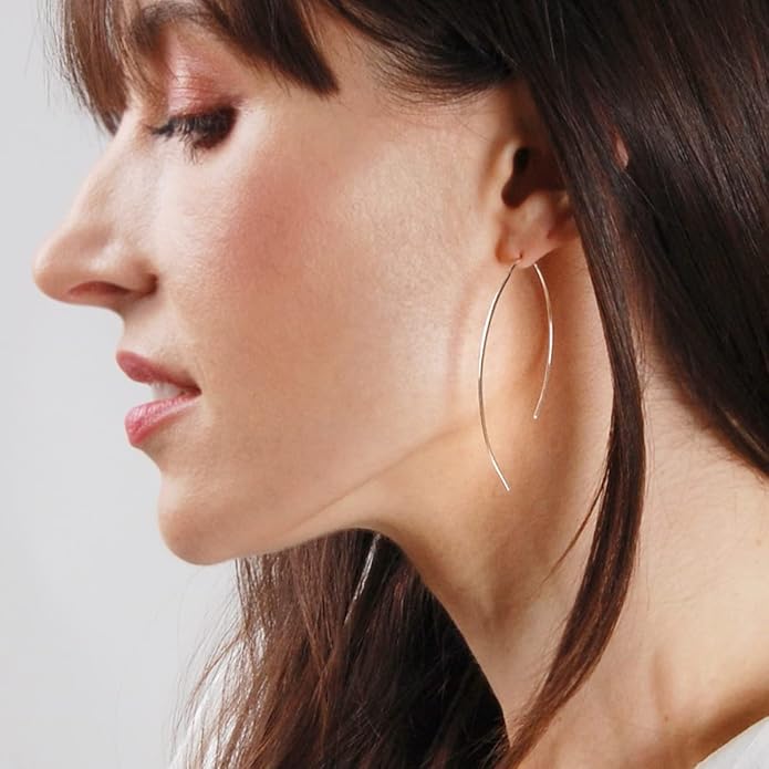 Upside Down Hoop Earrings - Hypoallergenic Lightweight Wire Needle Drop Dangle Threader Hoops for Women, Safe for Sensitive Ears - Plated in 925 Sterling Silver or 18k Gold