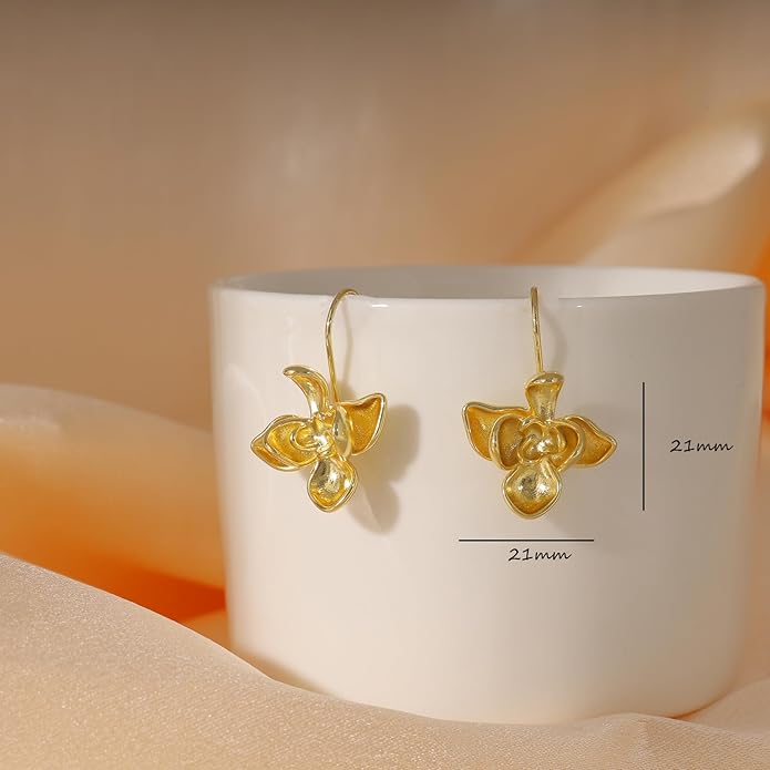 Statement Earrings for Women, Hypoallergenic 14k Gold Plated Chunky Flower Earrings Long Dangle Drop Floral Earring Simple Gold Earrings for Women Trendy Jewelry Gifts