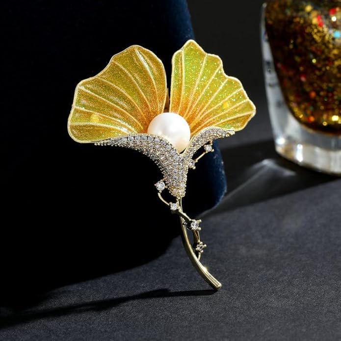Gold Ginkgo Leaf Brooch Yellow Flower Lapel Pin Blazer Dress Jacket Suit Clothing Jewelry Vintage Inspired Birthday Festival Gift for Women