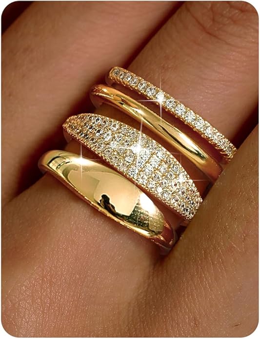 LOLIAS 14K Gold Plated Stackable Rings for Women Non Tarnish - Dainty Cubic Zirconia Wedding Bands Ring Set Minimalist Trendy Statement Engagement Promise Thumb Rings Stacking Size 5-10