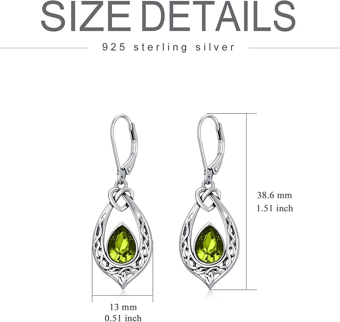 Celtic Knot Dangle Earrings 925 Sterling Silver Oxidized Vintage Drop Leverback Earrings with 8 * 6mm Simulated Birthstone Crystal Christmas Jewelry Gifts for Women (Gift Box)