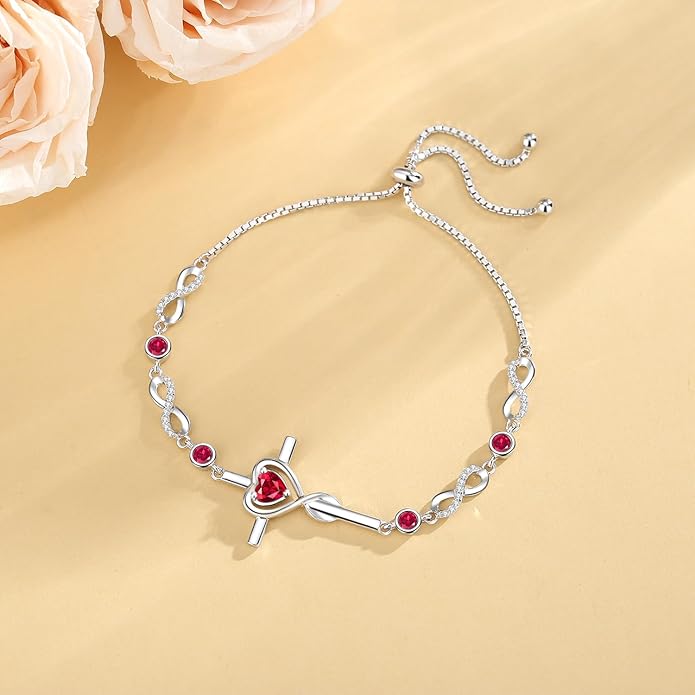 FANCIME Gift for Women Cross Bracelet 925 Sterling Silver Heart Birthstone Bracelet Fine Jewelry Birthday Gifts for Her Women
