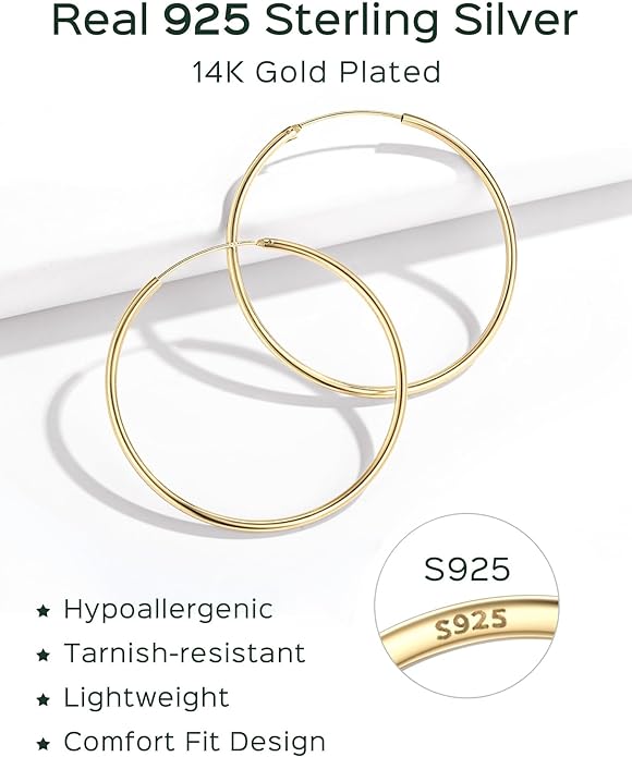 ChicSilver Hypoallergenic 925 Sterling Silver Hoop Earrings for Women, Lightweight Large Gold Plated Hoop Earrings, Endless Hoops Huggie Earrings 15/20/30/50/70MM