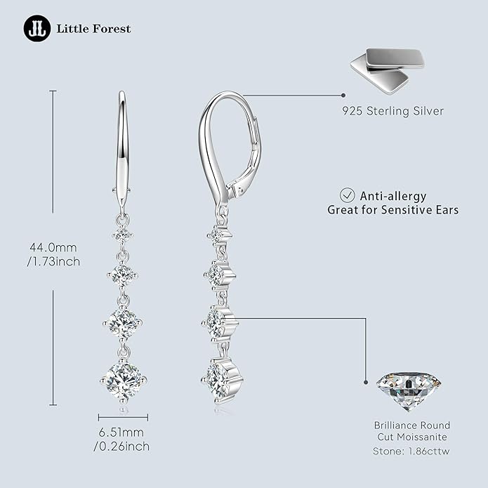 Moissanite Drop Dangle Earrings for Women 925 Sterling Silver Leverback Earring D-E Color VVS1 Clarity Hypoallergenic Jewelry Promise Birthday Christmas with Certificate