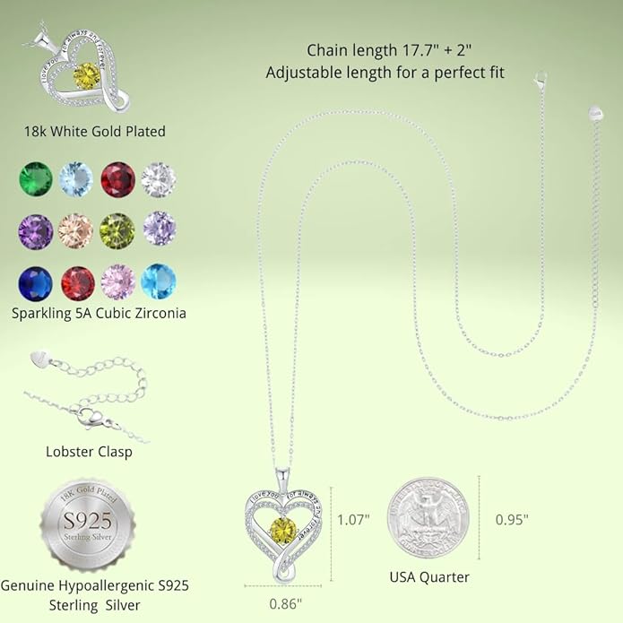 Birthstone Infinity Heart Necklace for Women Wife Girlfriend Mom Daughter Gifts S925 Silver Jewelry For Anniversary Rose Gold Gifts For Birthday Christmas Mothers Valentines Day