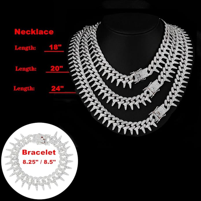HH BLING EMPIRE Mens Gold Silver Plated Spike Cuban Link Chain Necklace and Bracelet Sets, Chunky Iced Out Diamond Miami Cuban Link Chains Hip Hop Jewelry