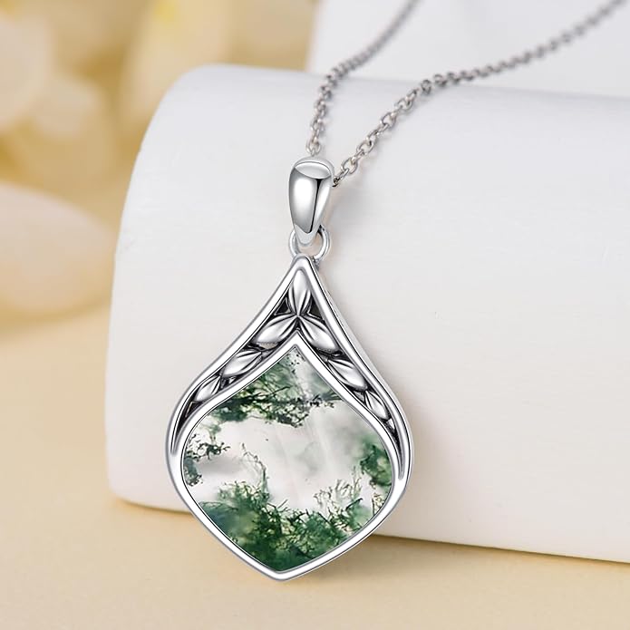 Teardrop Necklace 925 Sterling Silver Vintage Natural Gemstone Pendant Jewelry Birthday Christmas Gifts for Women Mom