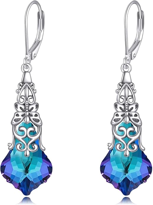 Austrian Crystal Dangle Drop Leverback Earrings for Women 925 Sterling Silver Vintage Oxidized Butterfly Filigree Hypoallergenic Jewelry