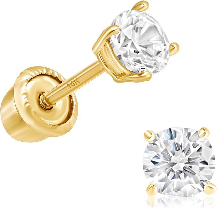 14k Gold Cubic Zirconia Stud Earrings for Women & Men (2mm-6mm Diameter) - CZ Simulated Diamond, Real Solid 14K Gold, Secure Screw Back