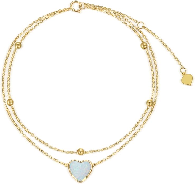 14K Solid Gold Heart Anklet for Women, Real Gold Layered Opal Anklet Bracelet Fine Jewelry Anniversary Birthday for Her, Wife, Mom, Girlfriend, 8''+2''