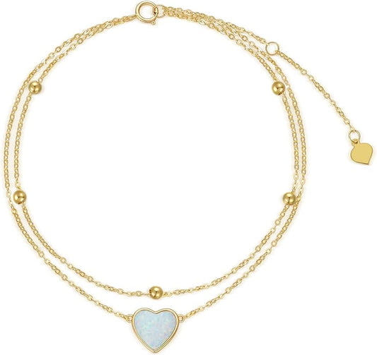 14K Solid Gold Heart Anklet for Women, Real Gold Layered Opal Anklet Bracelet Fine Jewelry Anniversary Birthday for Her, Wife, Mom, Girlfriend, 8''+2''