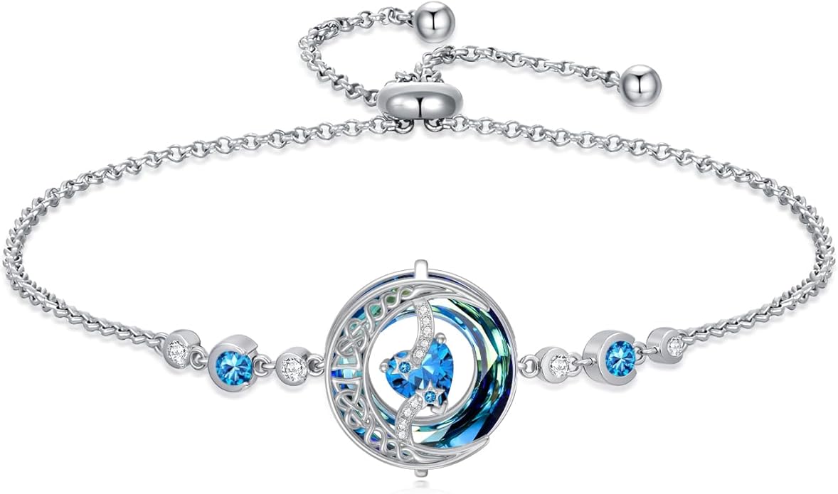 TOUPOP Birthstone Bracelet Moon and Star Bracelet 925 Sterling Silver Blue Crystal Jewelry Birthday Christmas Gifts for Women
