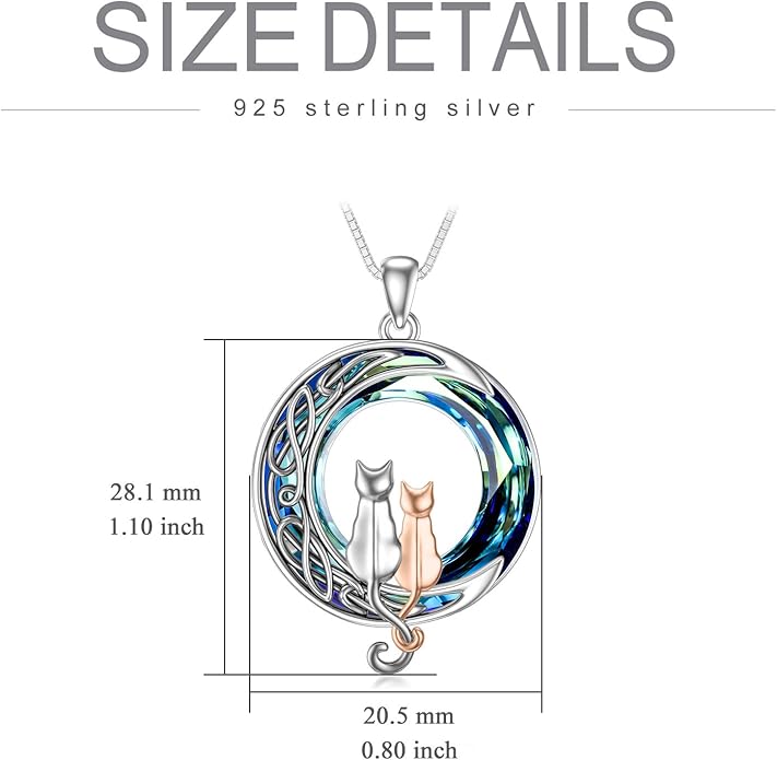 TOUPOP Christmas Cat Gifts for Cats Lovers One Two Three Four Cats Necklace Sterling Silver Cats on the Moon Pendant Necklace with Blue Circle Crystal Birthday Christmas Celtic Jewelry Gifts for Women