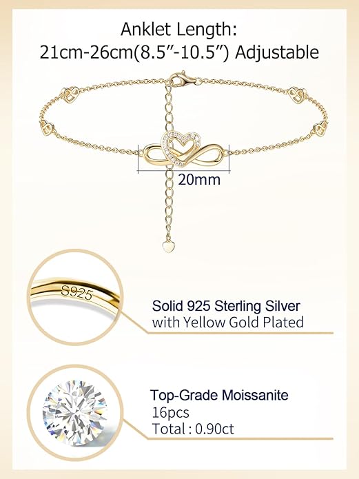 Moissanite Infinity Anklet for Women, Real Authentic 925 Sterling Silver Hypoallergenic, Beautiful Summer Jewelry, Dainty Ankle Bracelet, 8.6-10.6inch (21-26cm) Adjustable