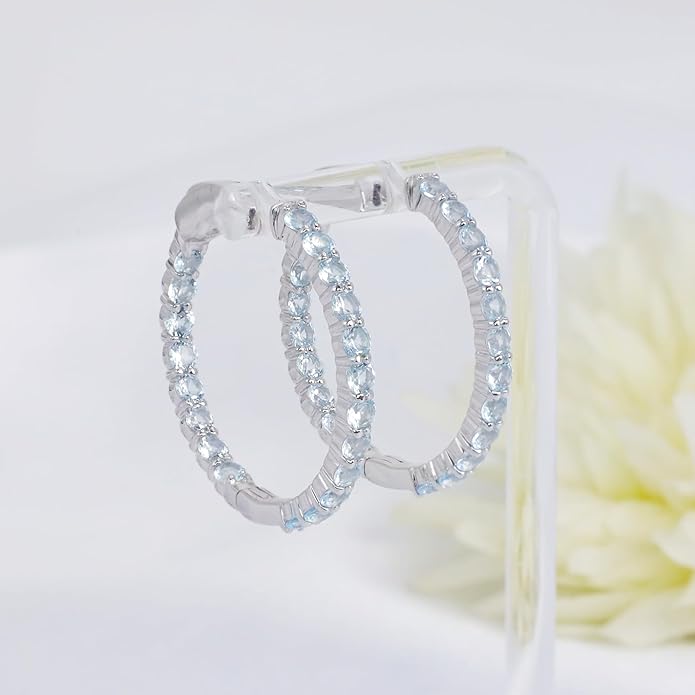 Hoop Earrings with 40 Colored Gemstones, Birthstone Earrings, 925 Sterling Silver Rhodium Plated, Push Back Closure, 1.18'