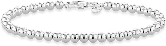 Miabella 925 Sterling Silver Italian Handmade 4mm Bead Ball Strand Chain Bracelet for Women, Made in Italy