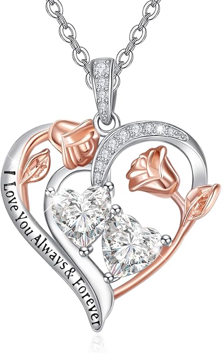 Zeuslia Double Birthstone Necklace Gifts for Wife - 925 Sterling Silver Sunflower/Rose/Crown Cross/Compass/Heart Pendant I Love You Necklace, Anniversary Birthday Gifts for Wife Girlfriend Mom Her