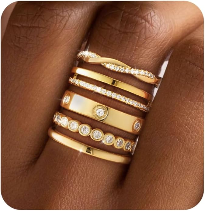 RLMOON Stackable Gold Rings for Women Non Tarnish Dainty 14K Gold/Silver Plated Stacking Thumb Rings Cubic Zirconia Eternity Wedding Band Rings Gold Jewelry Size 6-10